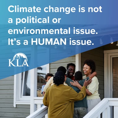 photo of an African American family on a front porch hugging with the words "climate change is not a political or environmental issue. It's a human issue."