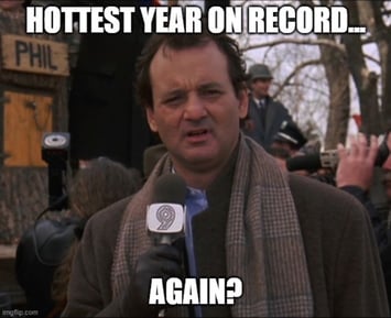 Meme of Bill Murray from Groundhog Day: "Hottest Year on Record. Again?"