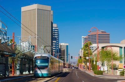 Midtown Phoenix business district and light rail train