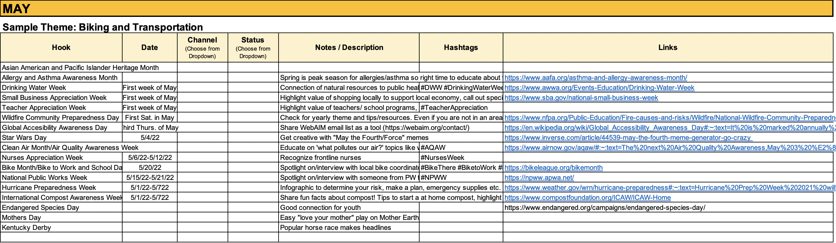 May excel spreadsheet with columns for topic, date, ideas, hashtag and links
