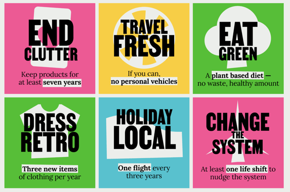 Squares with Take the Jump actions: End clutter; Travel fresh; Eat green; Dress retro; Holiday local; Change the system