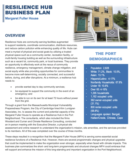 Overview first page of Margaret Fuller House Resilience Hub Business Plan 